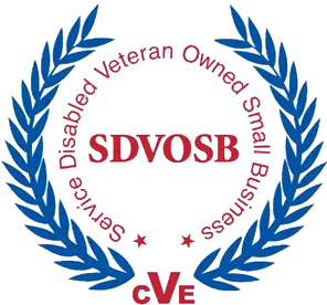 SDVOSB logo with blue laurel wreath and red text.