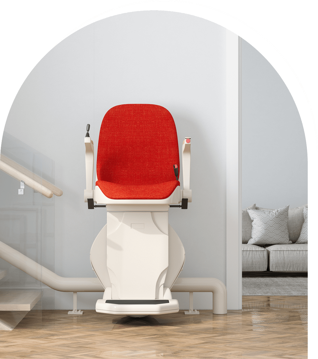Red stairlift chair in modern interior setting.