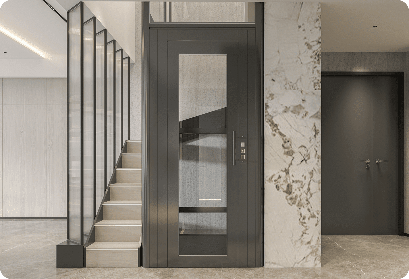 Modern hallway with stairs and elevator.