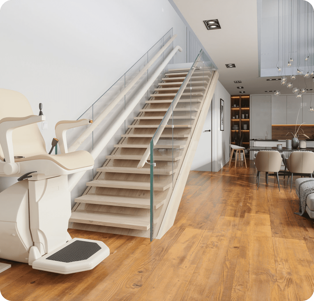 Modern interior with staircase and stairlift.