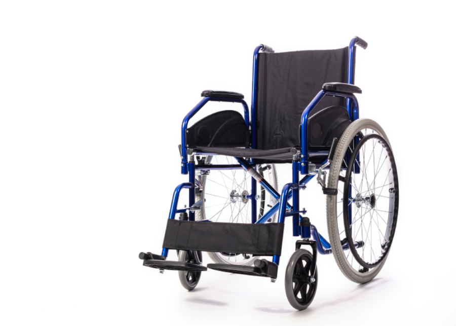 Blue and black manual wheelchair with large rear wheels.