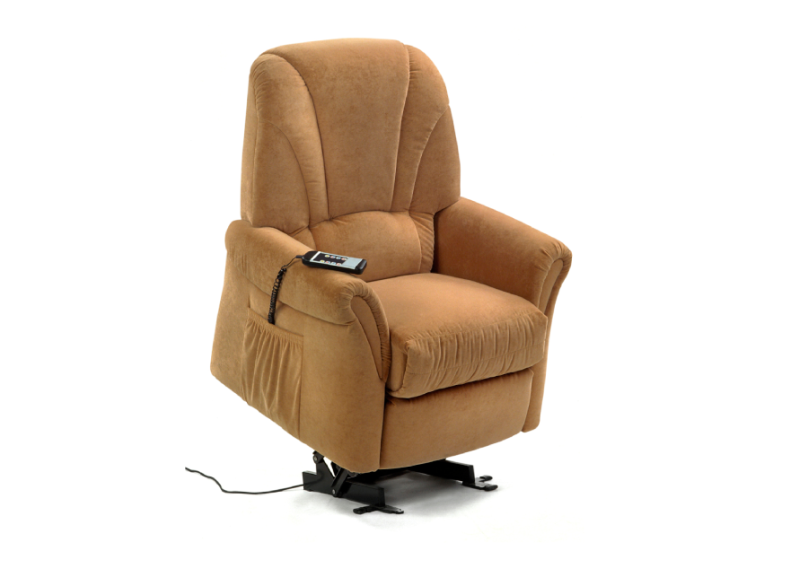 A brown electric recliner chair with side pocket and remote control.